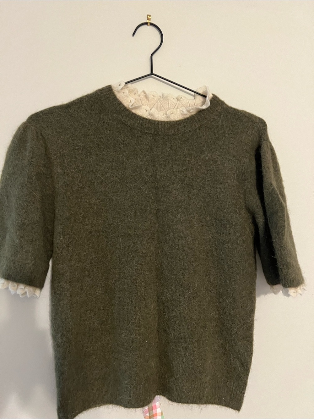 Zara Olive Green Wool-Alpaca Pointelle Sweater with Cream Lace - Picture 2 of 4